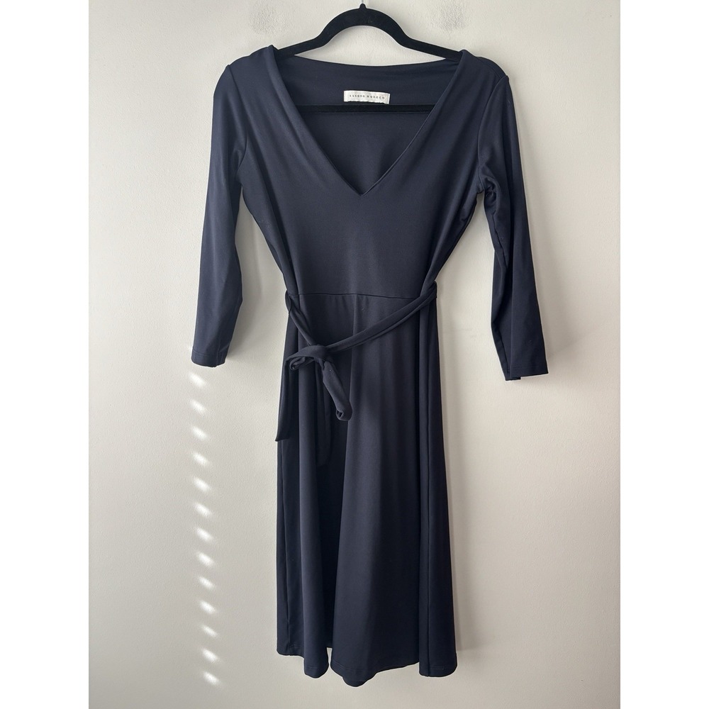 Susana Monaco Navy 3/4 Sleeve Deep V Neck Stretch Tie Belt Dress Small Office
